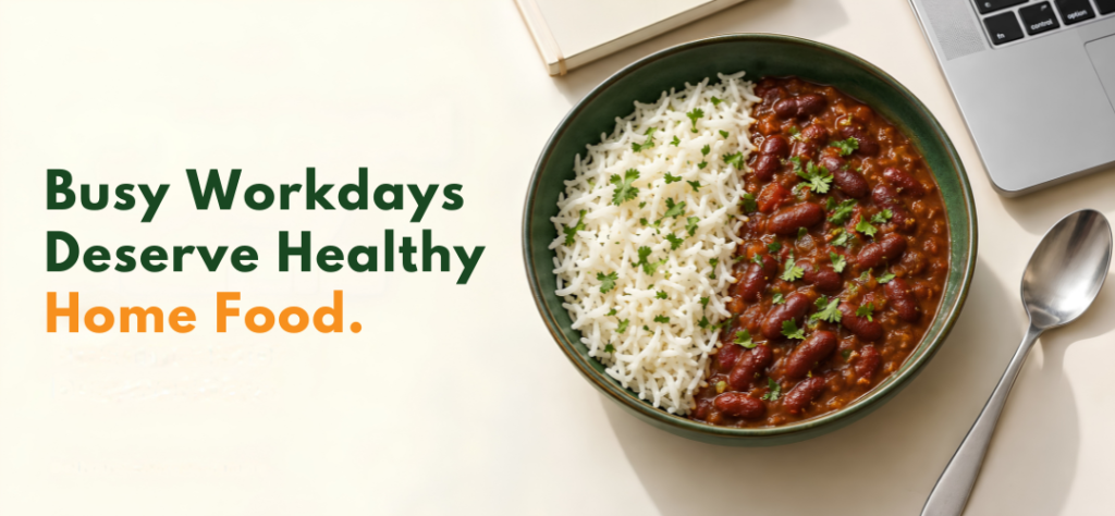 Home-style rajma rice bowl beside a laptop with the headline “Busy Workdays Deserve Healthy Home Food.”